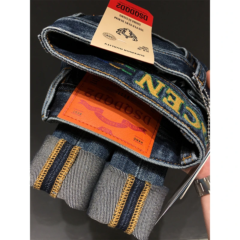 冬季牛仔裤男九分裤高端潮流美式中腰印花水洗修身小直筒加绒长裤