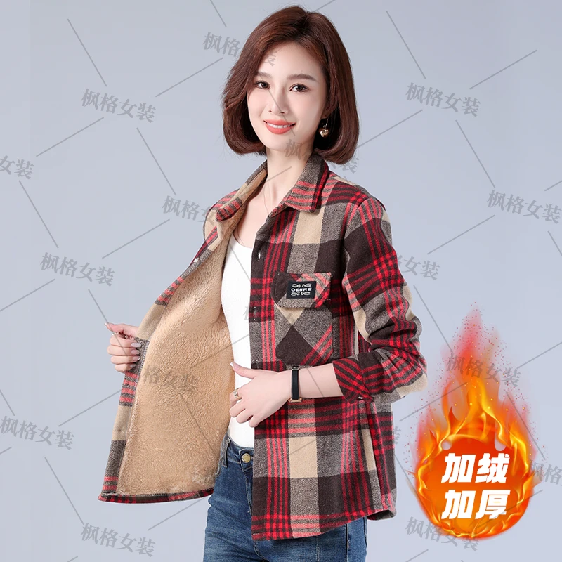 厂家直销冬季格子保暖衬衫棉衣中长款格纹洋气百搭气质外套衬衣