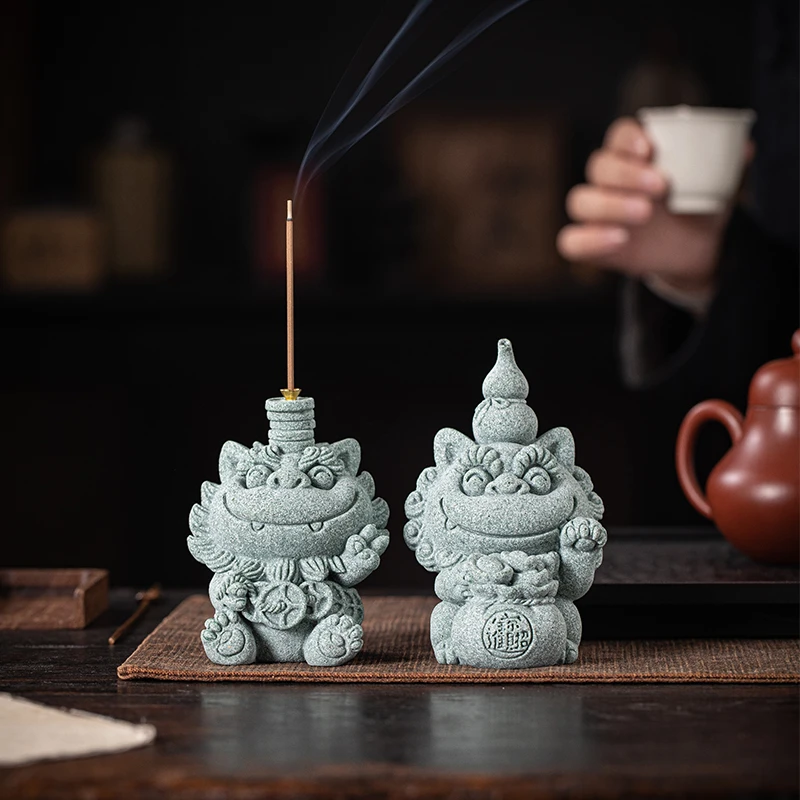 创意石狮子三生三柿茶宠摆件可爱治愈系诸事大吉狮子礼品客厅装饰