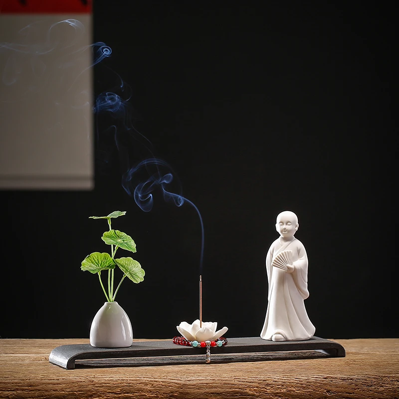 白瓷和尚禅意线香花插假山茶宠茶室摆件中式家居客厅桌面造景软装