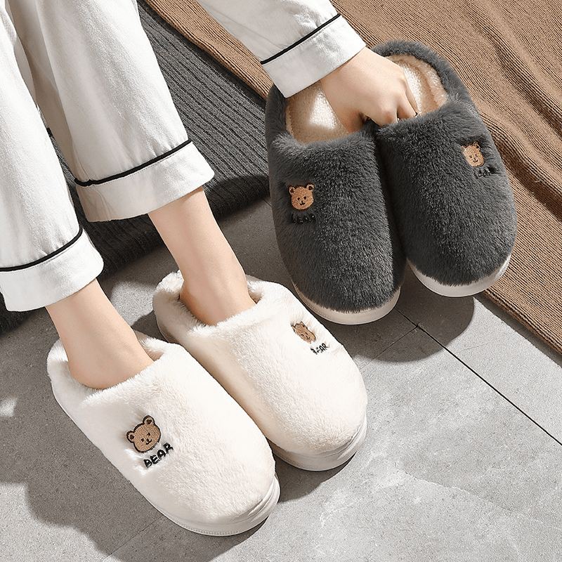 asifn/安尚芬 白色小熊网红百搭棉拖鞋女士室内家用厚底防滑保暖情侣外穿棉鞋男