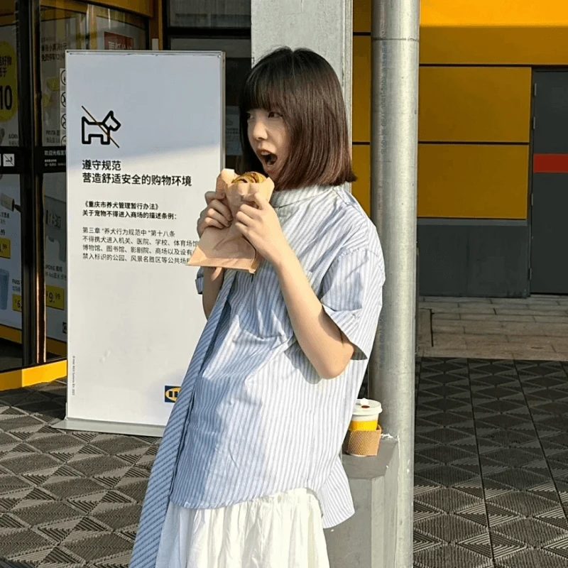 【现货】法式蓝色条纹衬衫女短袖新款夏季设计感小众高级感上衣气