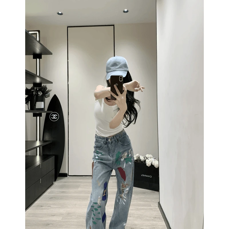 美式复古炫酷彩绘破洞牛仔裤女夏季宽松高腰百搭直筒阔腿裤子