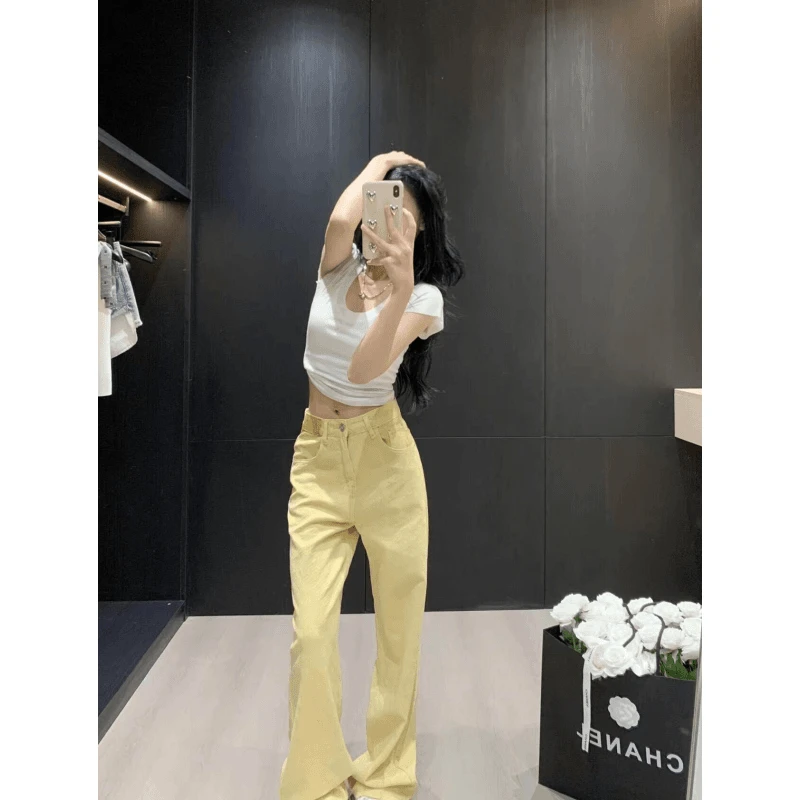 【现货】重工水洗黄色阔腿牛仔裤女夏季新款直筒宽松高腰显瘦百搭