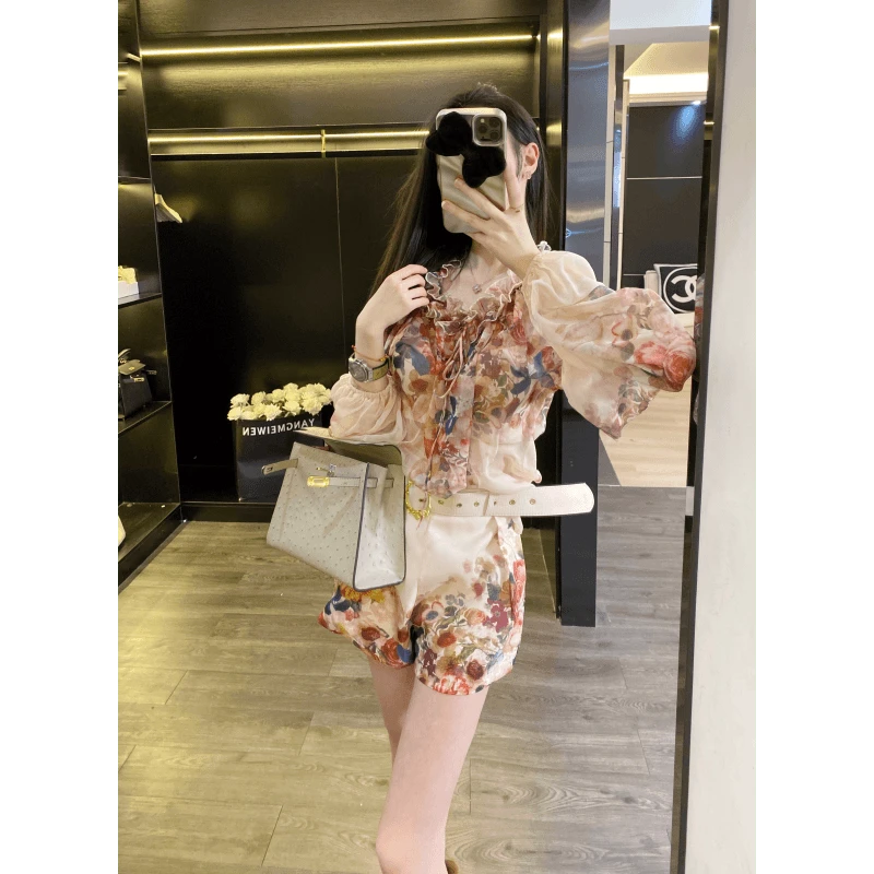 名媛时尚洋气西雅图重工设计长袖印花拼接蕾丝花边上衣裤子套装