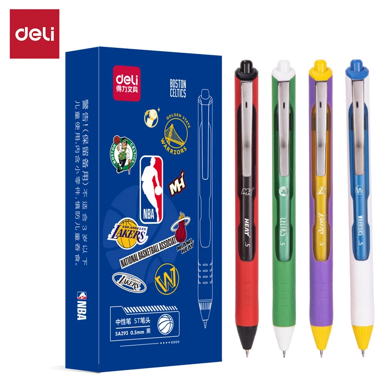 得力NBA联名勇士按动笔速干ST头0.5书写顺滑SA293刷题黑色中性笔