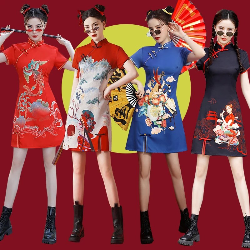 新中式红色旗袍中国风连衣裙炸街文艺演出服鼓舞团乐队打鼓表演服