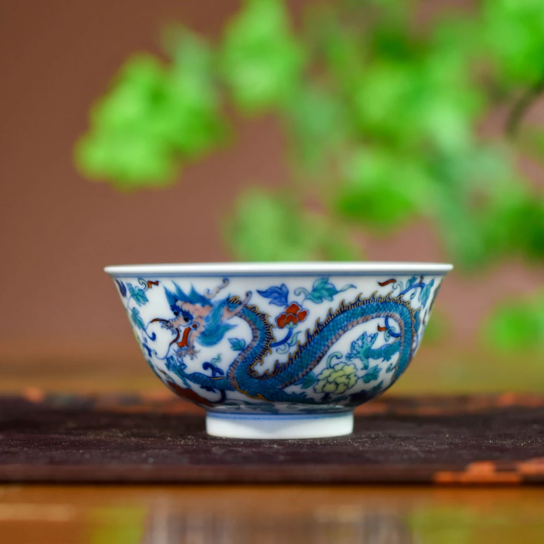 刘建锋窑柴窑青花斗彩龙凤穿枝宫碗杯