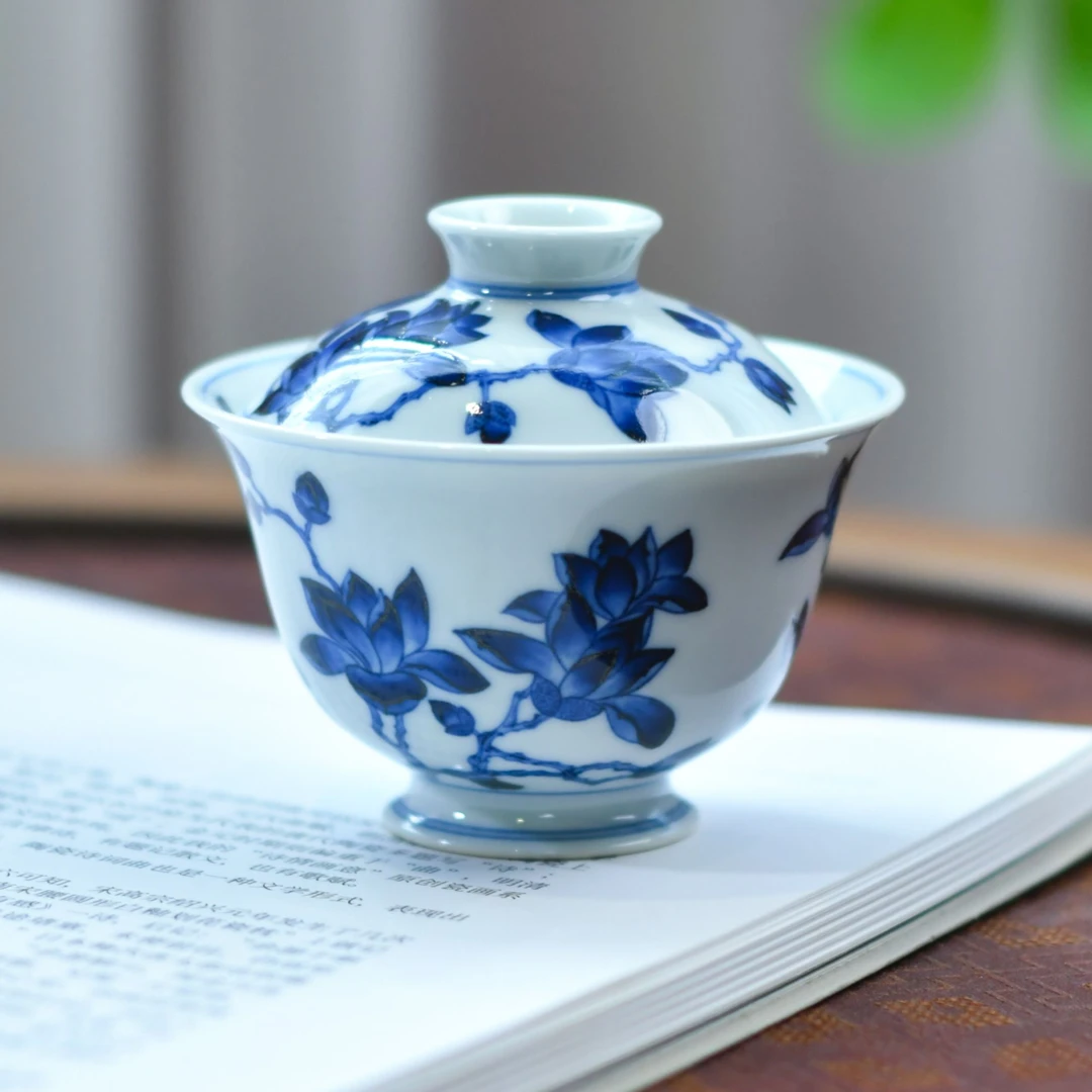 小卿亭·青花玉兰花盖碗景德镇纯手工手绘