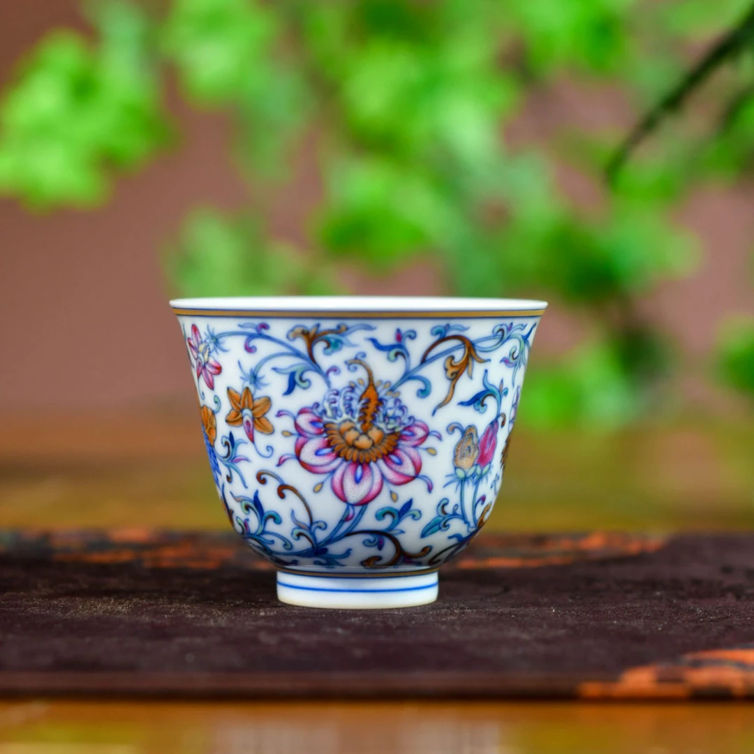 刘建锋窑柴窑青花斗彩西潘莲铃铛杯