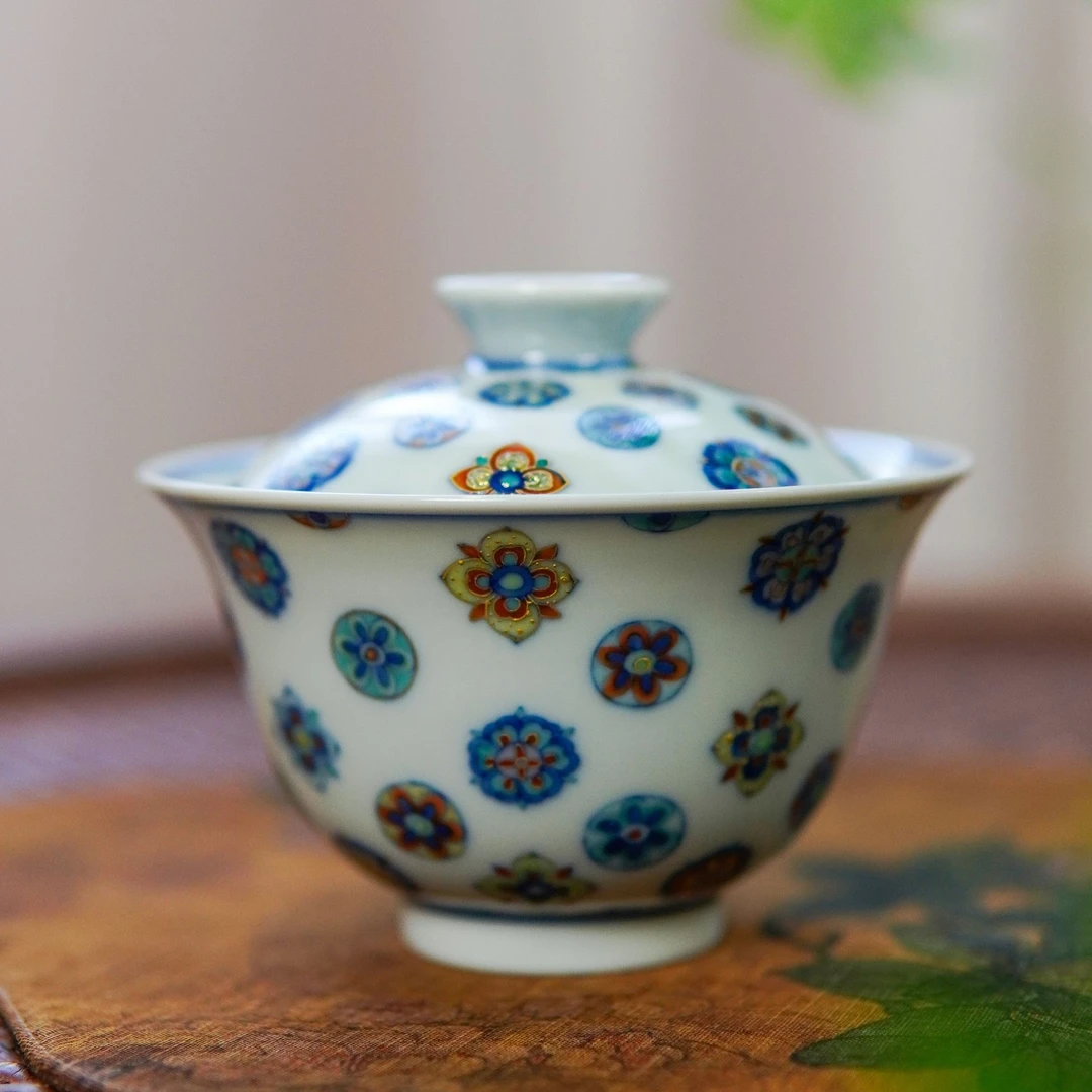 玗琪轩·皮球花盖碗景德镇纯手工手绘