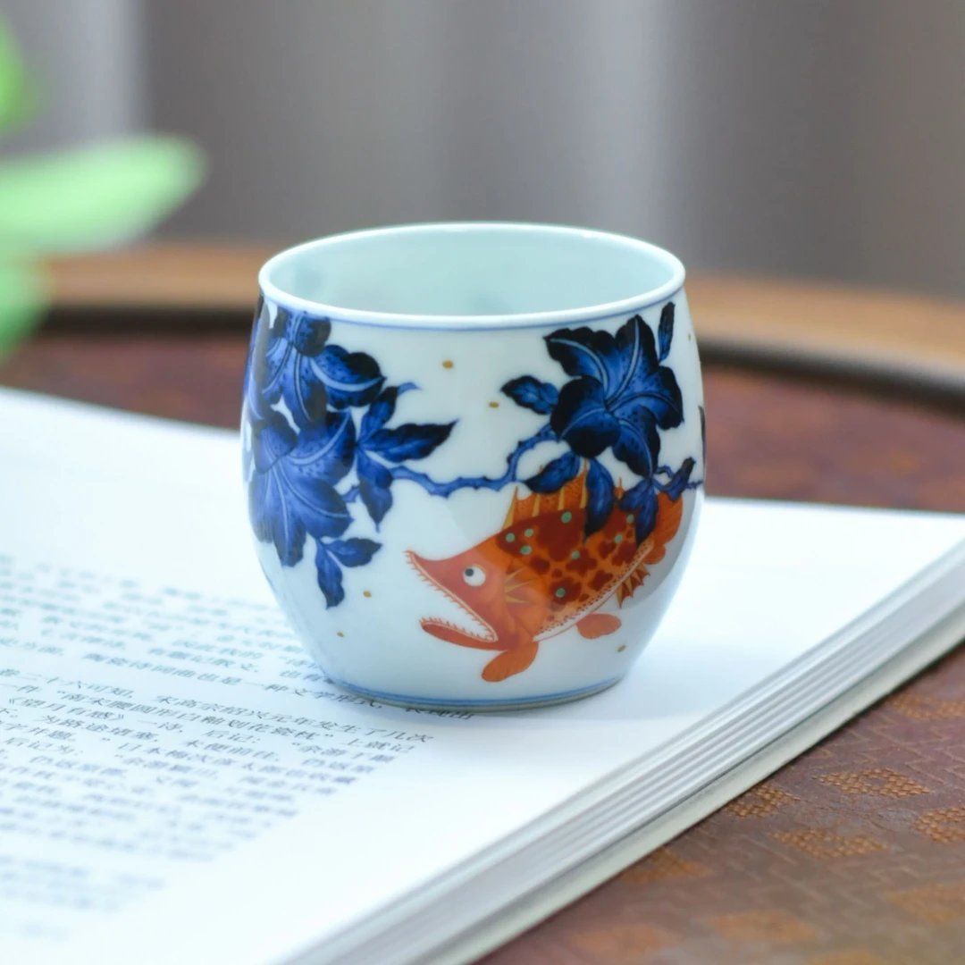小卿亭·青花矾红杜鹃花鳜鱼杯
