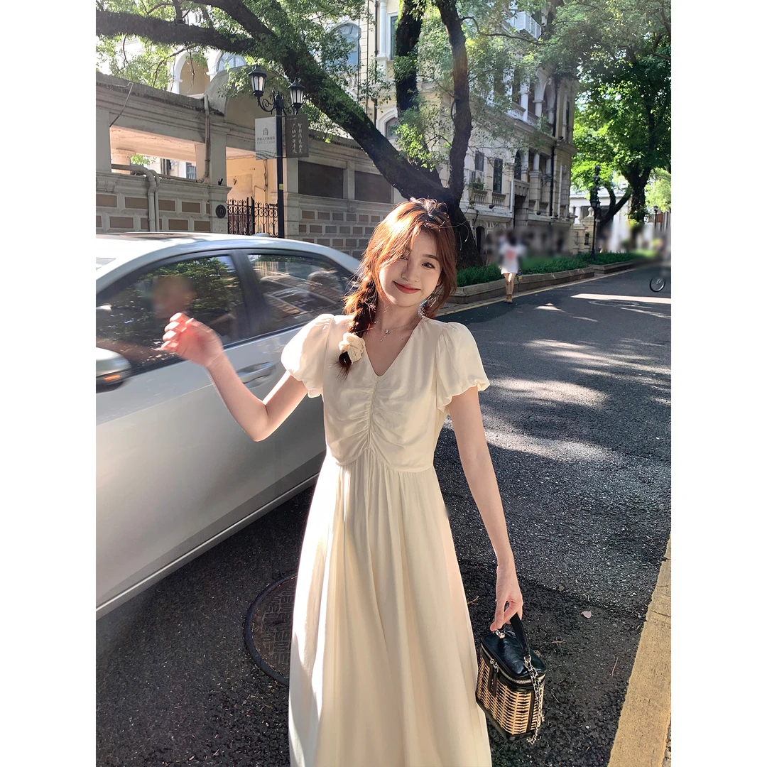 9月切糕自制小个子长裙气质短袖新款连衣裙女夏绿色收腰裙子温柔