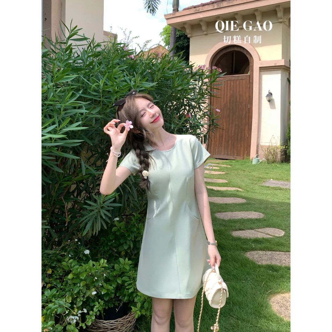 切糕自制【浅苏薄荷】夏季时尚法式显瘦圆领小个子连衣裙 L21876G42