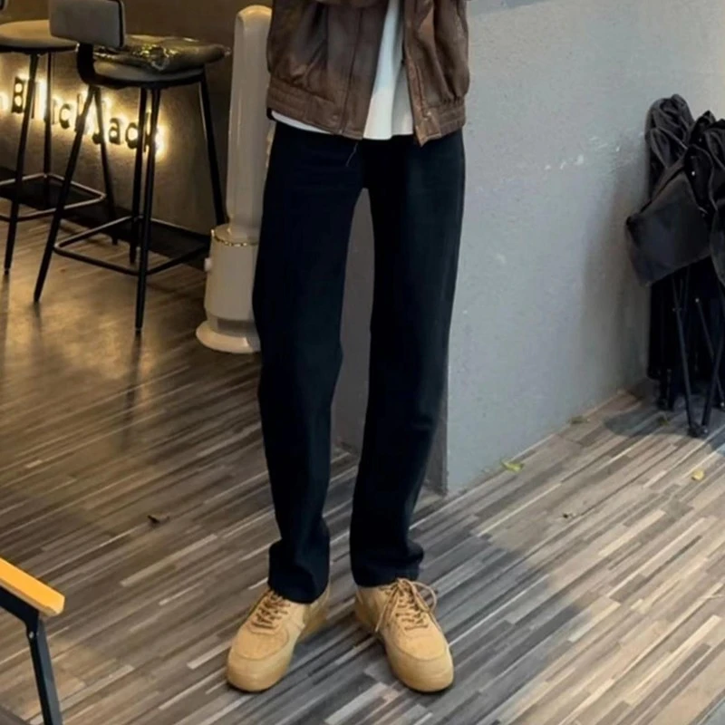 cleanfit纯黑色加绒牛仔裤男款秋冬美式复古配马丁靴的裤子直筒裤