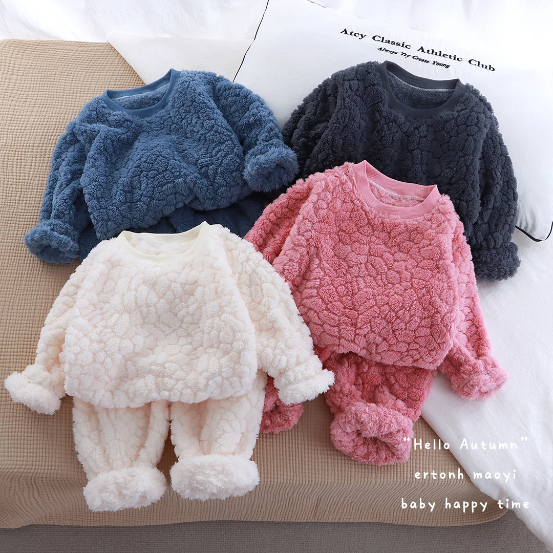 儿童冬款欧棉绒宝宝法兰绒加厚男女童冬款家居服保暖套装珊瑚绒