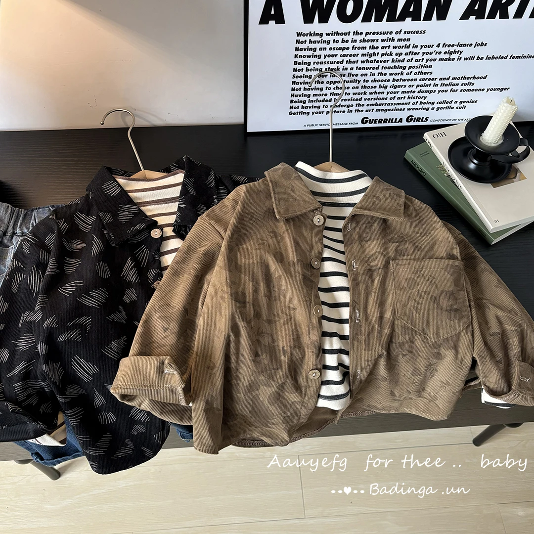 新款儿童春秋帅气翻领衬衫中大童灯芯绒外穿衬衫2024款长袖外套