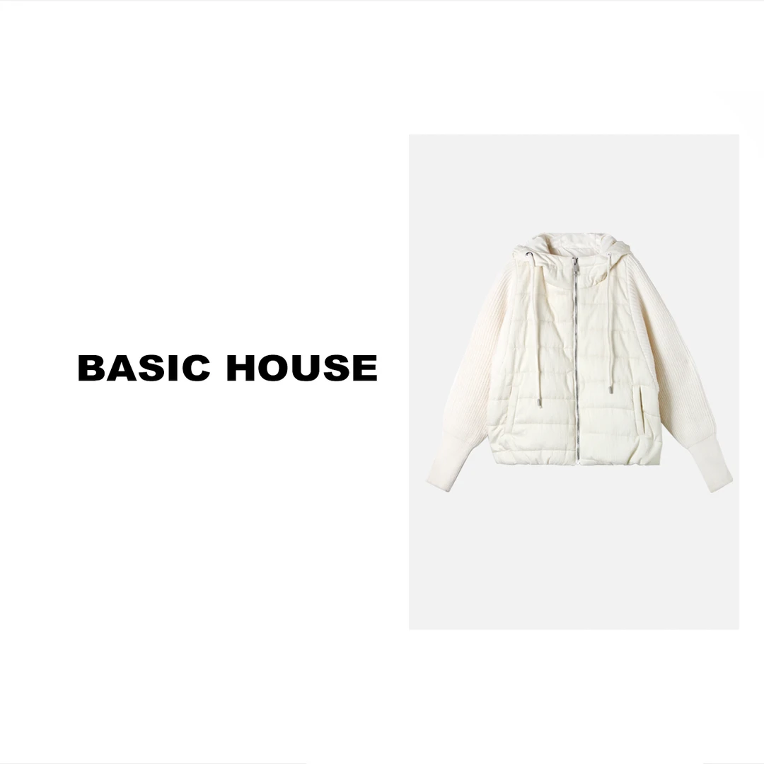 Basic House/百家好假两件连帽外套女2023秋冬款针织拼接休闲棉服