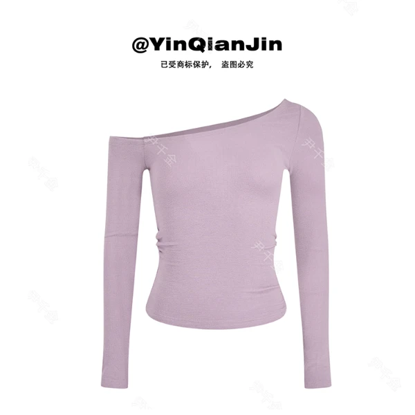 *尹千金*【心动信号】斜肩T给的纯欲感 长袖露肩收腰打底S240770