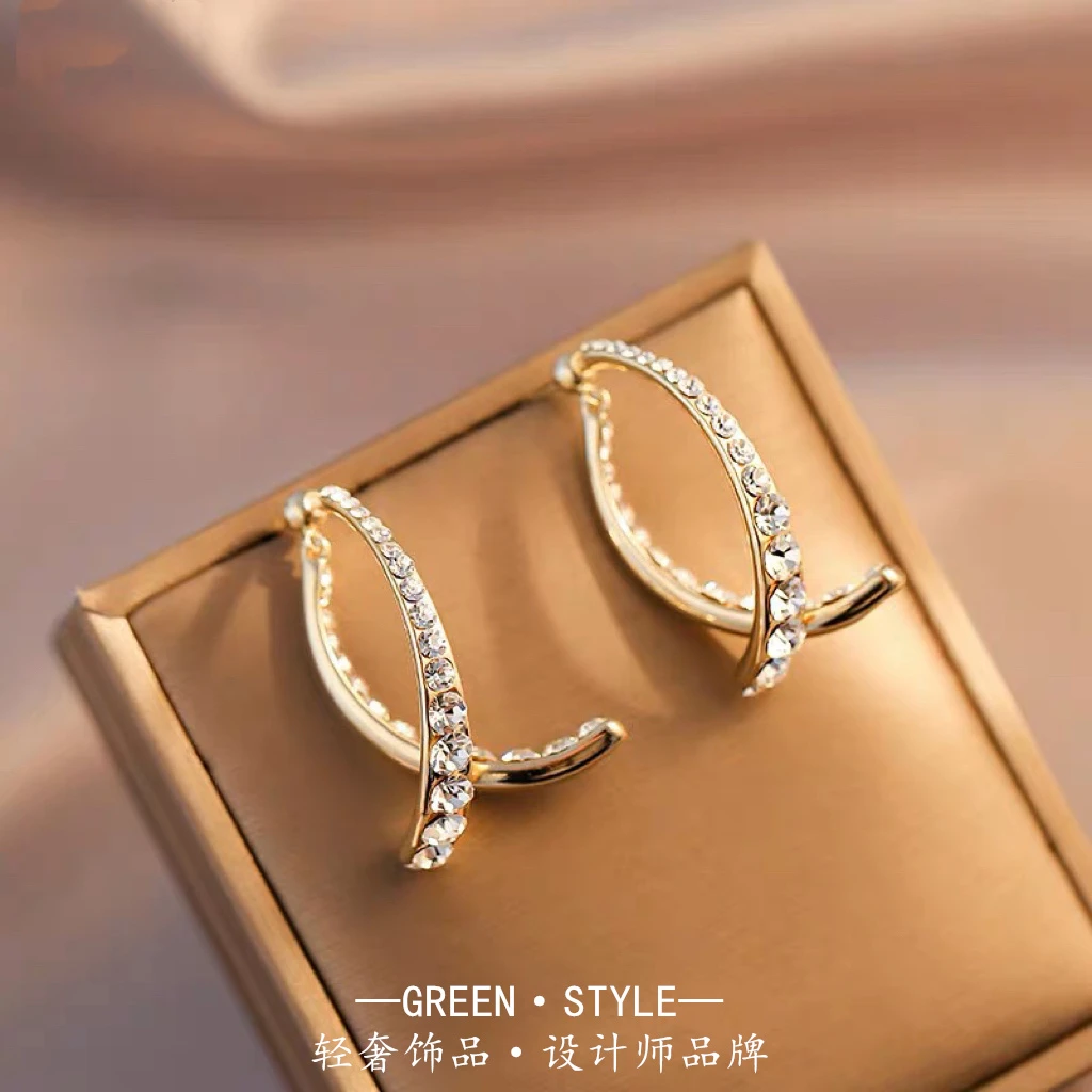 铜合金耳饰 【闪锆交叉鱼尾】韩版轻奢小众气质设计师简约耳环-G03