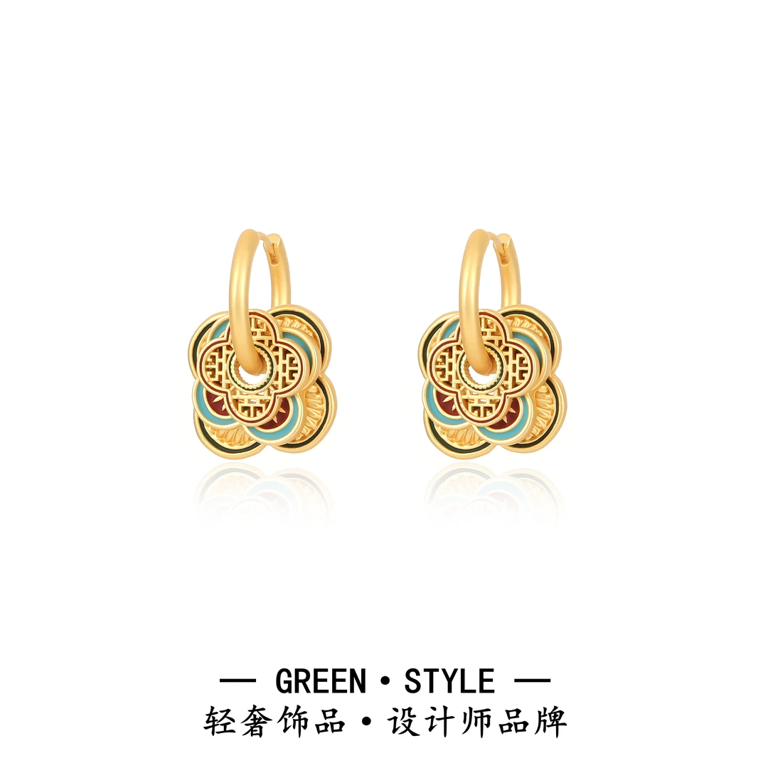 铜合金耳饰  【叶影】新中式国潮古风原创国风优雅烧蓝气质耳饰-A42
