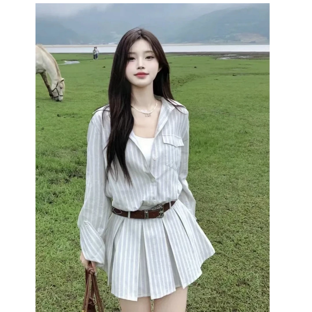 学院风旷野遐想老钱风长袖条纹衬衫连衣裙修身气质设计感收腰裙