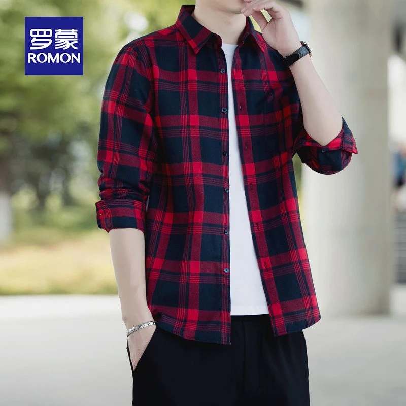 罗蒙秋冬新款男款格子衬衫宽松保暖2024年长袖上衣日韩系衬衣外套