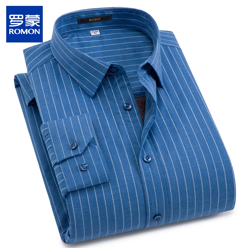 罗蒙高档冬季加绒衬衫男士绵羊毛加厚保暖衬衣竹纤维休闲条纹外套