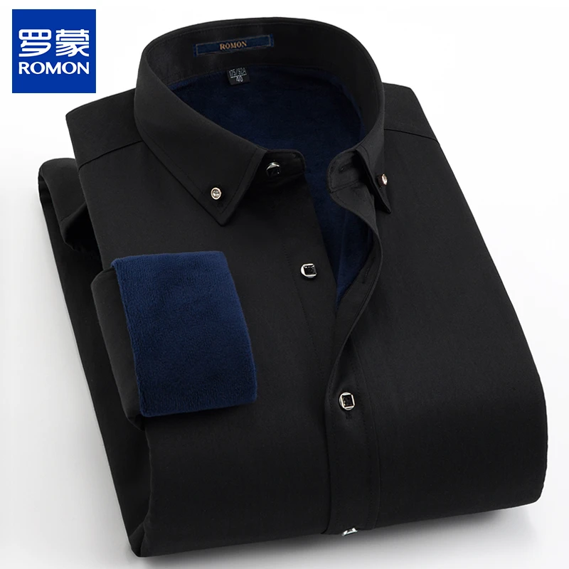 罗蒙高端男士加绒衬衫新款休闲加厚工装保暖冬季黑色商务长袖衬衣