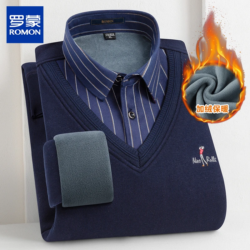 Romon/罗蒙冬季男士新款针织衫加绒保暖假两件长袖衬衣休闲打底衫