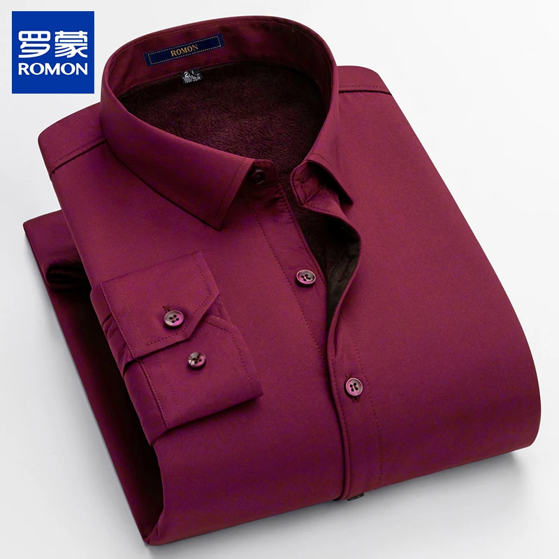 罗蒙冬季高档保暖衬衫加绒加厚本命年商务长袖衬衣休闲红色爸爸装