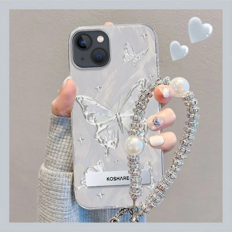 iphone苹果15手机壳蝴蝶女款羽纱壳支架简约网红保护套防摔新款潮