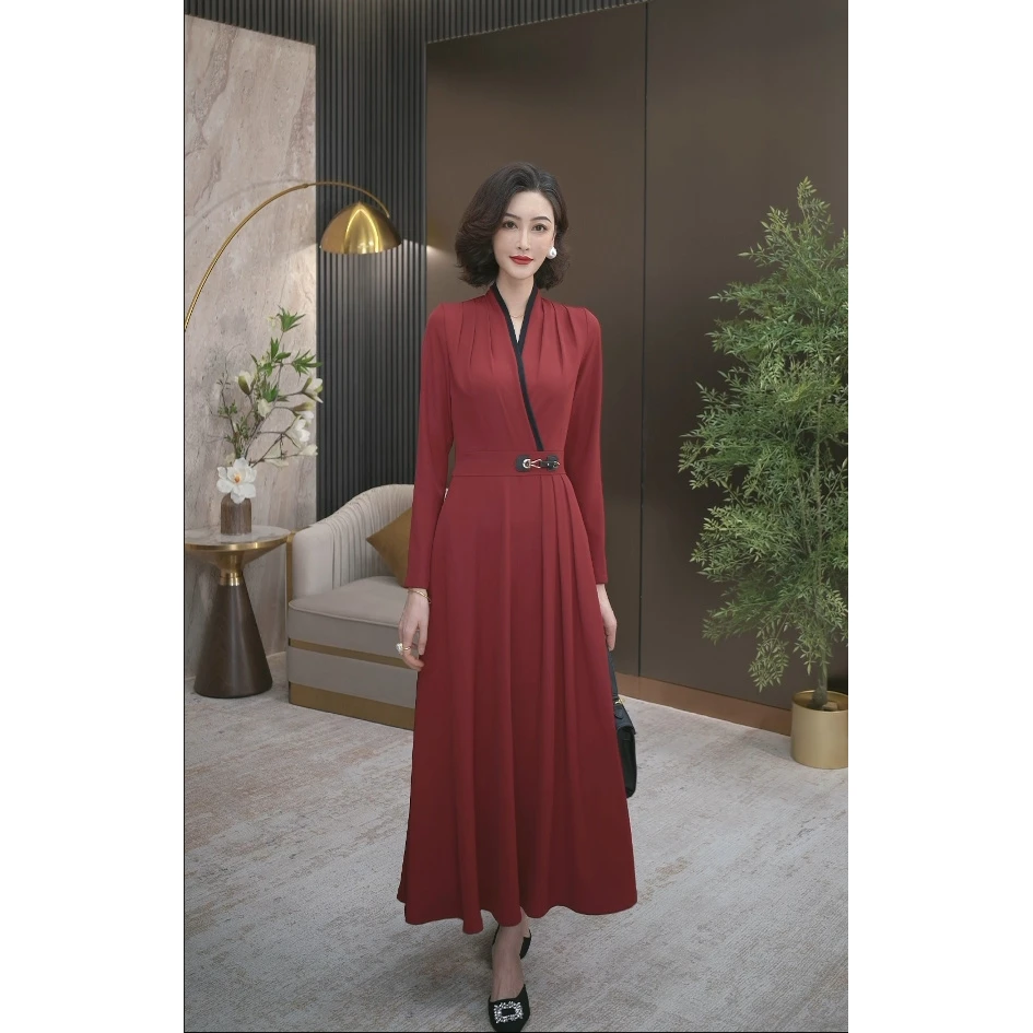 安可拉红色高级感气质连衣裙2025年秋季收腰气质长袖长裙WF3093