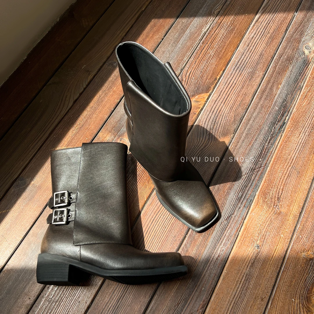 #手工鞋#牛皮/4.5cm复古擦色裤管靴女粗跟真皮短靴潮酷露营马丁靴