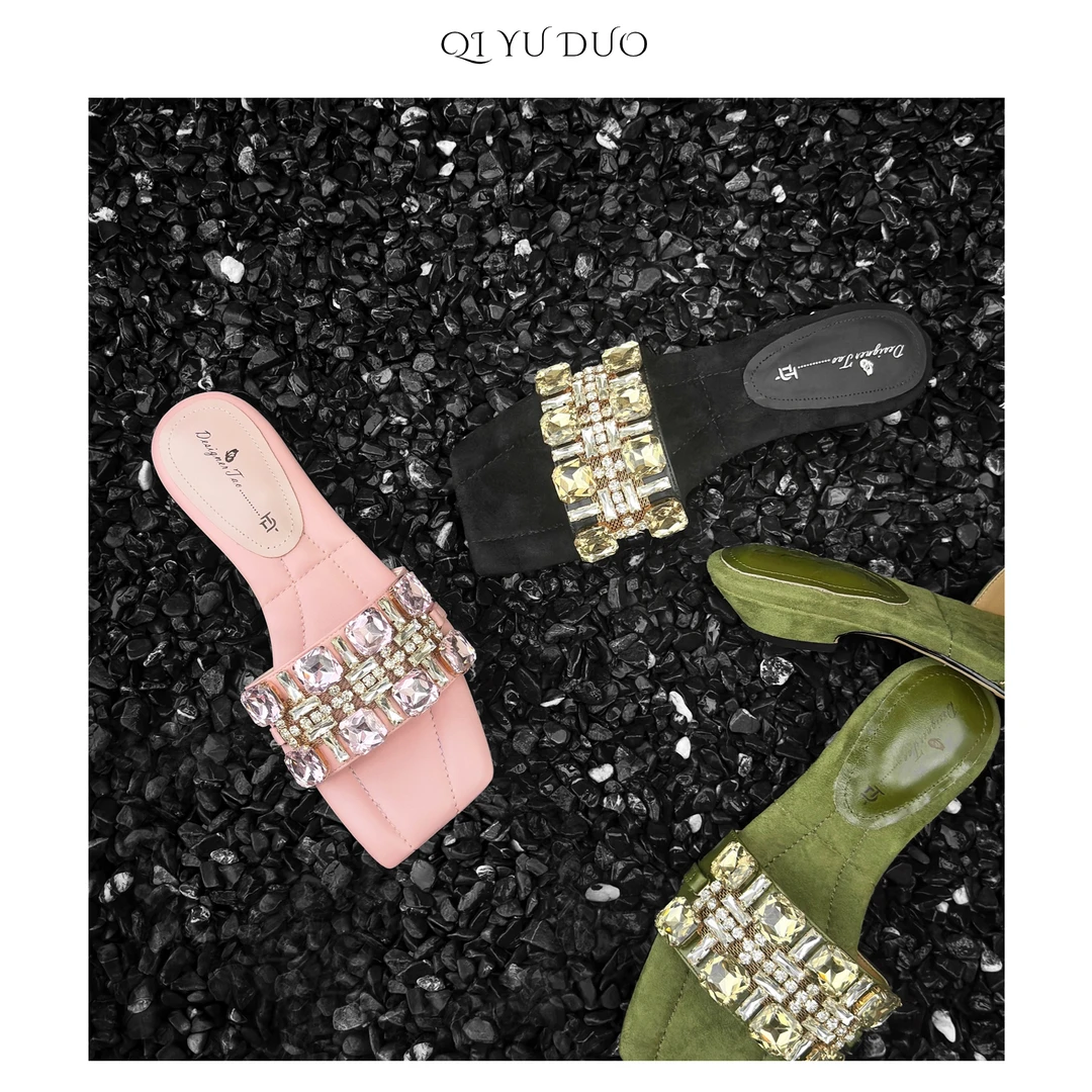 #手工鞋#牛皮/3cm/仙女风水钻一字凉拖鞋女夏外穿方头时尚懒人拖