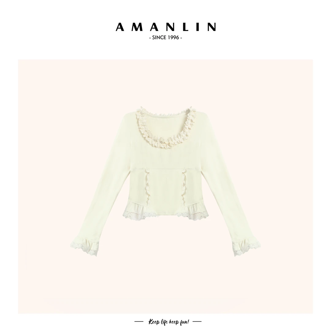 【AMANLIN】秋季新款小方领蕾丝花边内搭修身显瘦针织衫590375