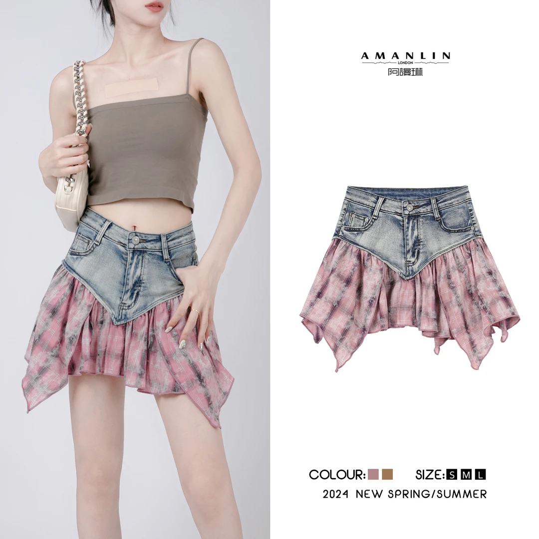 【AMANLIN】夏季时尚欧若风高腰拼接不规则辣妹显瘦短裙L592217