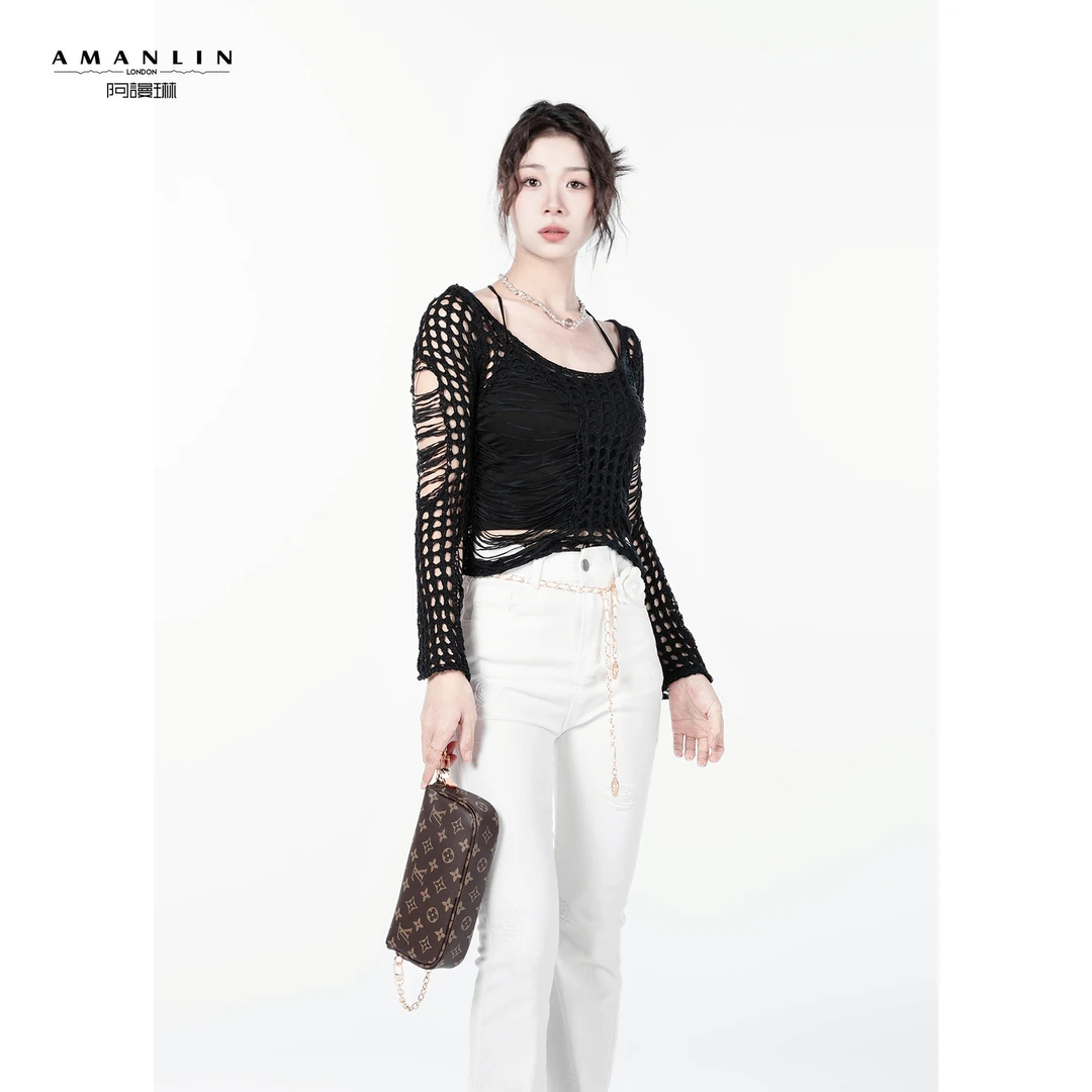 【AMANLIN】夏季欧若风时尚镂空流浪丹宁废土风百搭时尚长袖L592582