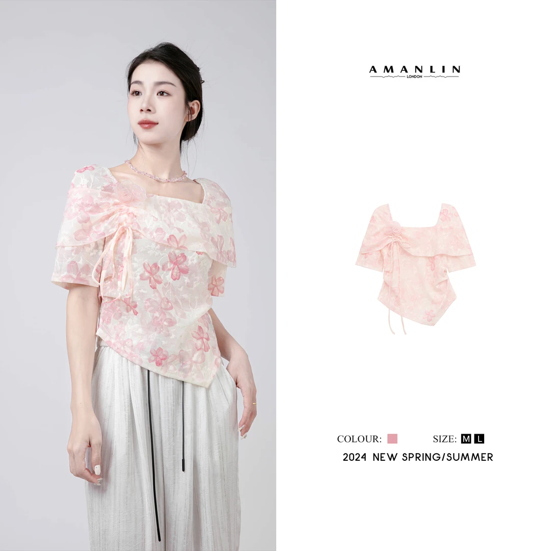 【AMANLIN】韩系气质甜美不规则短袖上衣女显瘦立体玫瑰绣花F591919