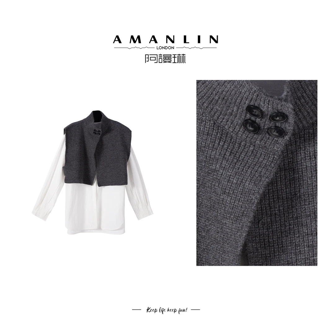 【AMANLIN】设计感披肩两件套时尚针织衬衫套装欧若风百搭F595110