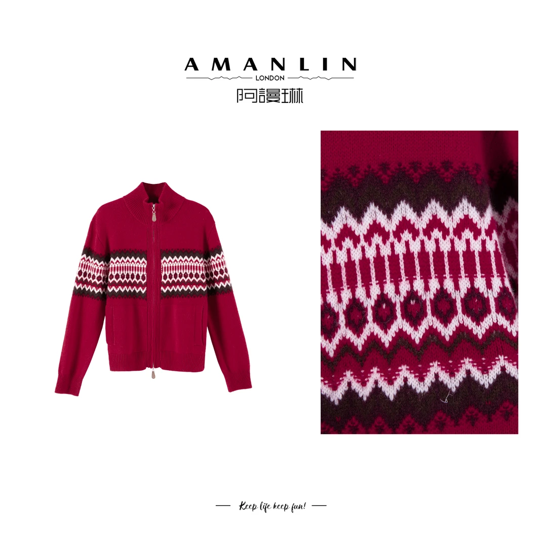 AMANLIN【节日氛围】红色立领百搭开衫针织拉链显瘦毛衣上衣F595069
