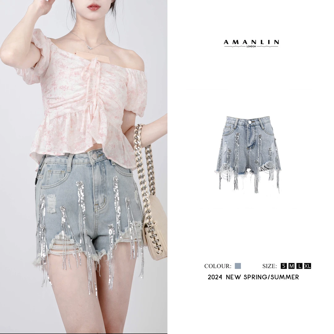 【AMANLIN】夏季新款牛仔短裤设计感高腰破洞百搭显瘦裤子585215