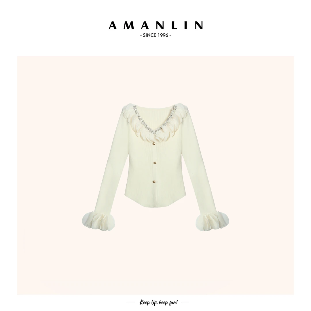 【AMANLIN】秋冬新款法式独特别致甜美修身V领针织衫-590678