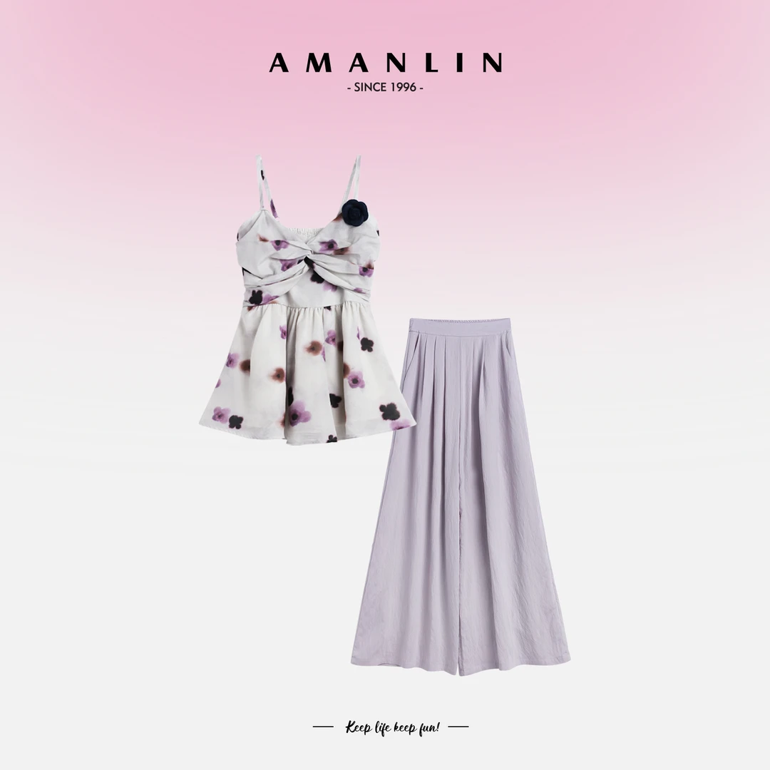 【AMANLIN】春夏新款欧若风吊带上衣搭紫色休闲裤时尚套装L592277