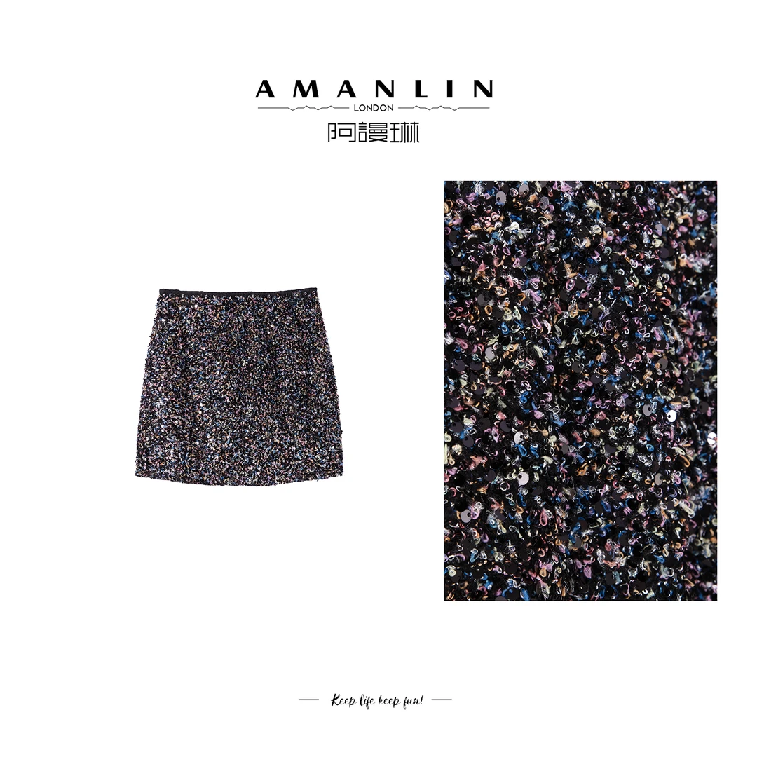 【AMANLIN】设计感显瘦高腰气质时尚A字半身裙亮片辣妹风女F595087