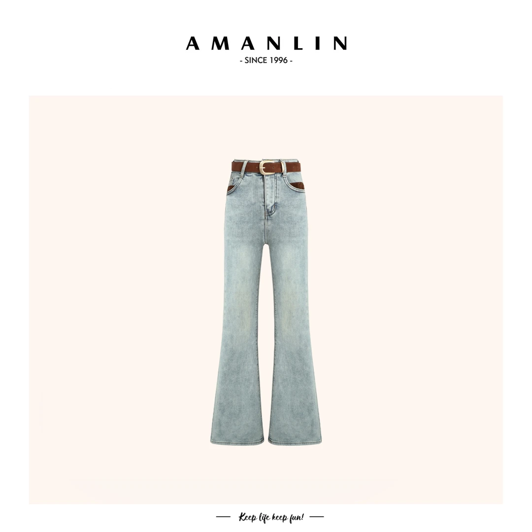 【AMANLIN】显瘦高腰阔腿牛仔裤复古小个子设计新款喇叭裤子590519