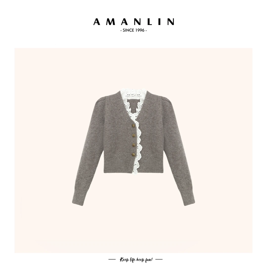 【AMANLIN】秋冬新款法式小众别致上衣V领拼接蕾丝毛衣女-590720