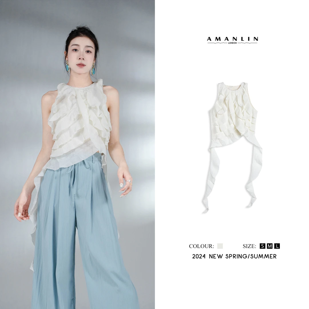 【AMANLIN】夏季杏色辣妹不规则小众法式女装无袖上衣设计感ck00644