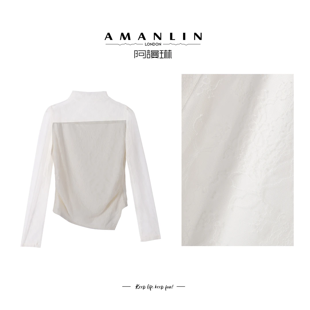 【AMANLIN】秋冬穿搭高级感显瘦蕾丝拼接针织上衣时尚百搭F595102