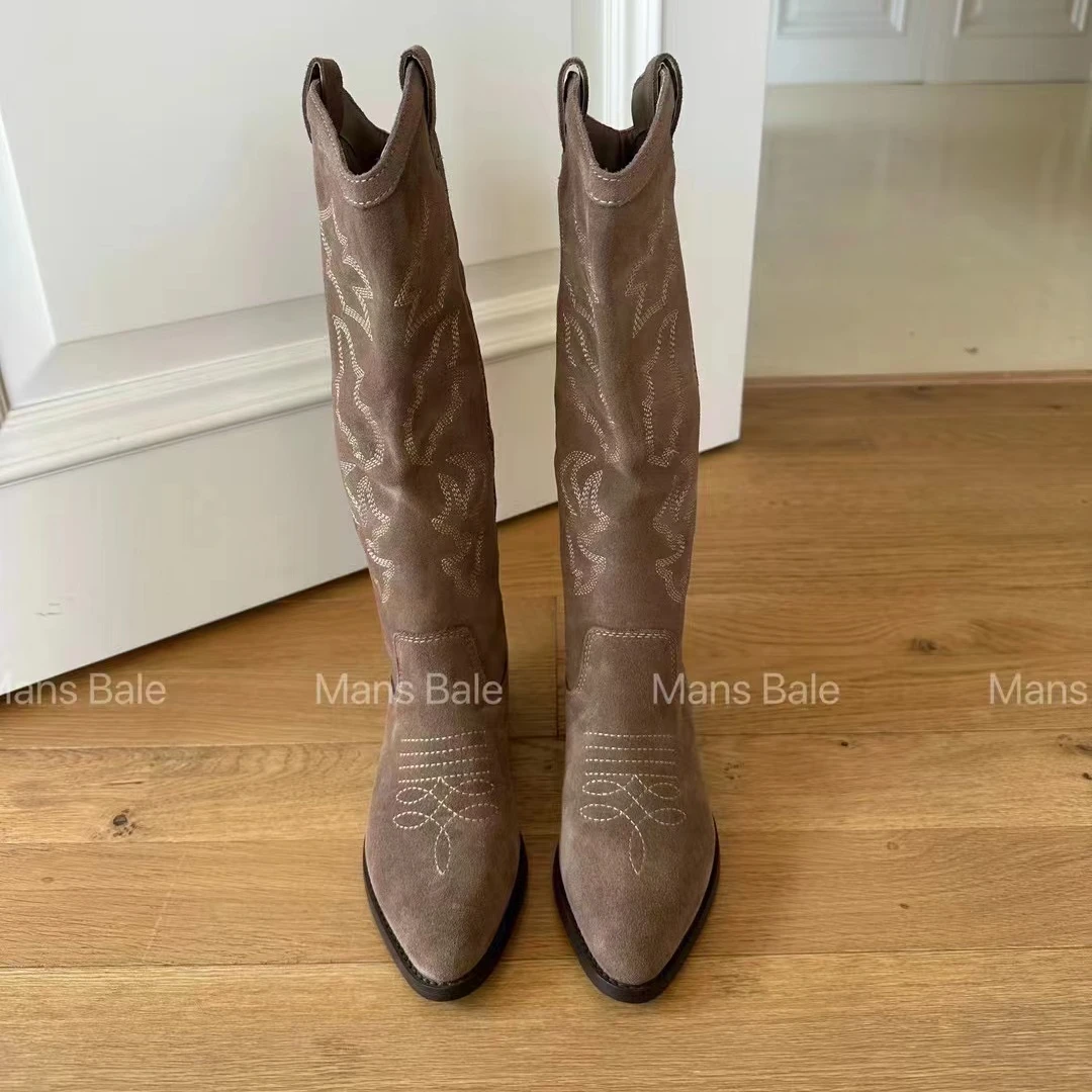 3470-27新款女鞋欧美时尚复古真皮刺绣尖头西部靴长靴高筒靴